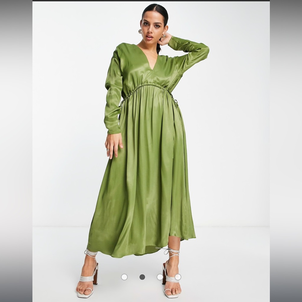 ASOS EDITION satin v neck oversized midi dress with drawstring in olive green